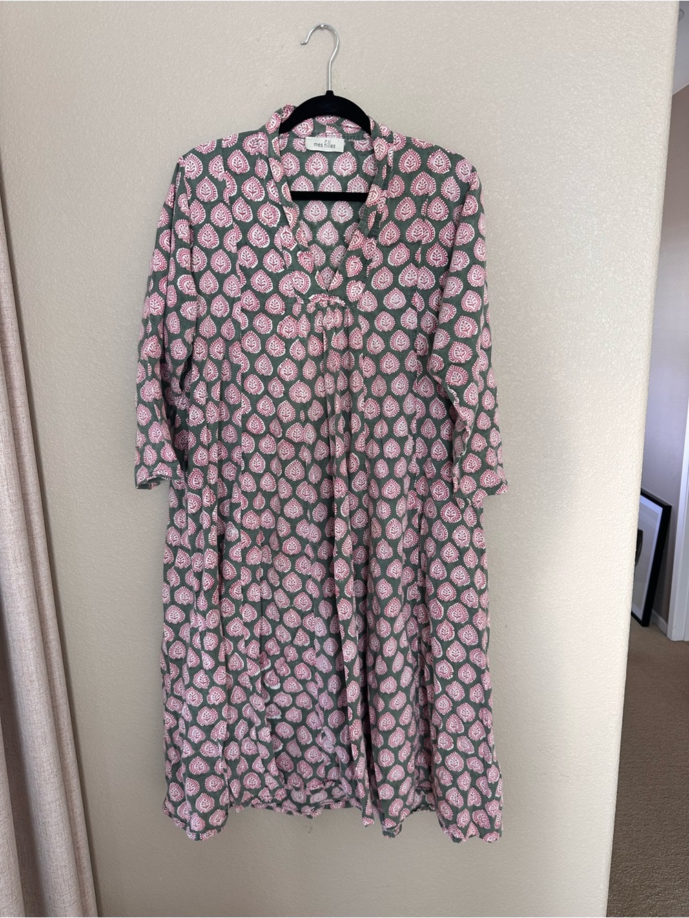 Anthropologie Mes Filles Block Printed V-Neck Midi Indian Cotton Dress One Size